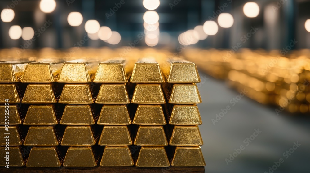 Glittering Gold Bars in Illuminated Underground Vault - Selective Focus Ultra HD Image with Copy Space for Text Glittering Gold Bars in Illuminated Underground Vault - Selective Focus Ultra HD Image with Copy Space for Text