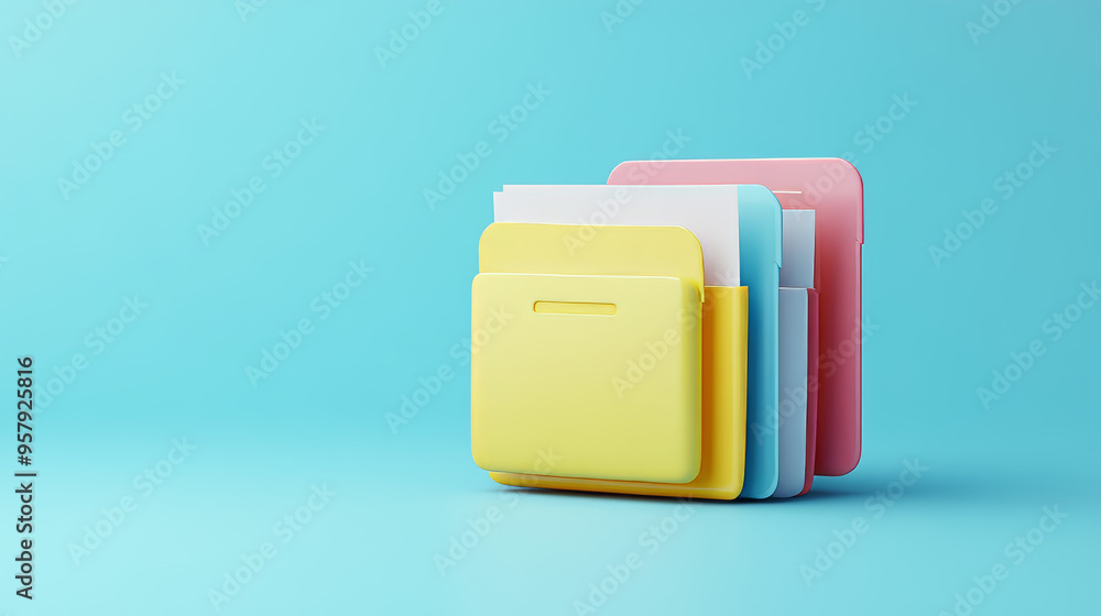 3D rendering of a Document Folder with Paper icon on a clean background for mock-up and web banner purposes. This cartoon-style interface design, featuring a minimalist approach, fits well within a me 3D rendering of a Document Folder with Paper icon on a clean background for mock-up and web banner purposes. This cartoon-style interface design, featuring a minimalist approach, fits well within a me