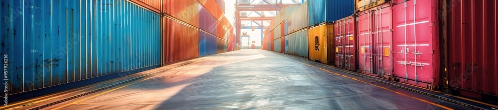 Obraz premium Sunlit pathway between colorful shipping containers