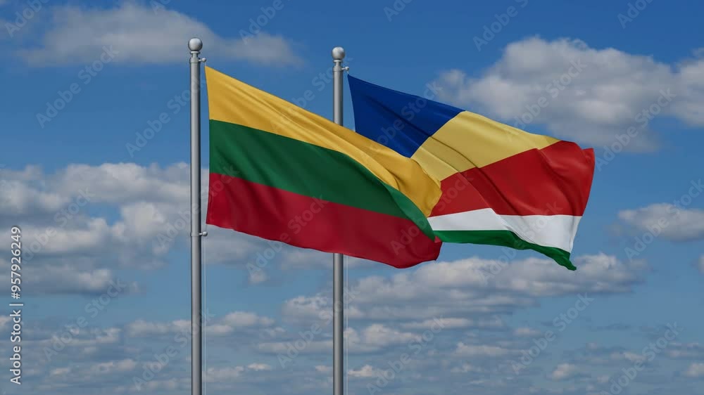 Seychelles and Lithuania flags flying together, video concept of the relationship, two country relations concept Seychelles and Lithuania flags flying together, video concept of the relationship, two country relations concept