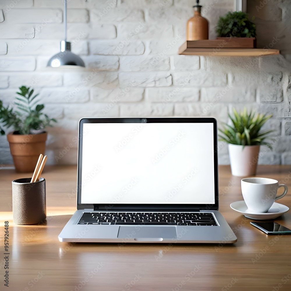 A clean and modern workspace with a laptop. coffee cup. and pencils. perfect for showcasing your business. products. or website. A clean and modern workspace with a laptop. coffee cup. and pencils. perfect for showcasing your business. products. or website.