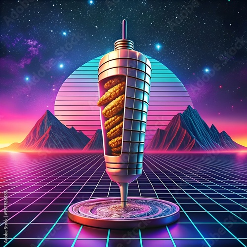 A futuristic 3D illustration of a Chapli Kebab. rendered in a vibrant retro futuristic style with neon colors and a 1980s grid pattern. photo