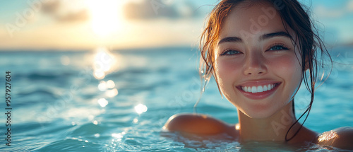 A joyful woman enjoying a sunny day in the water, radiating happiness and warmth against a stunning sunset backdrop. photo