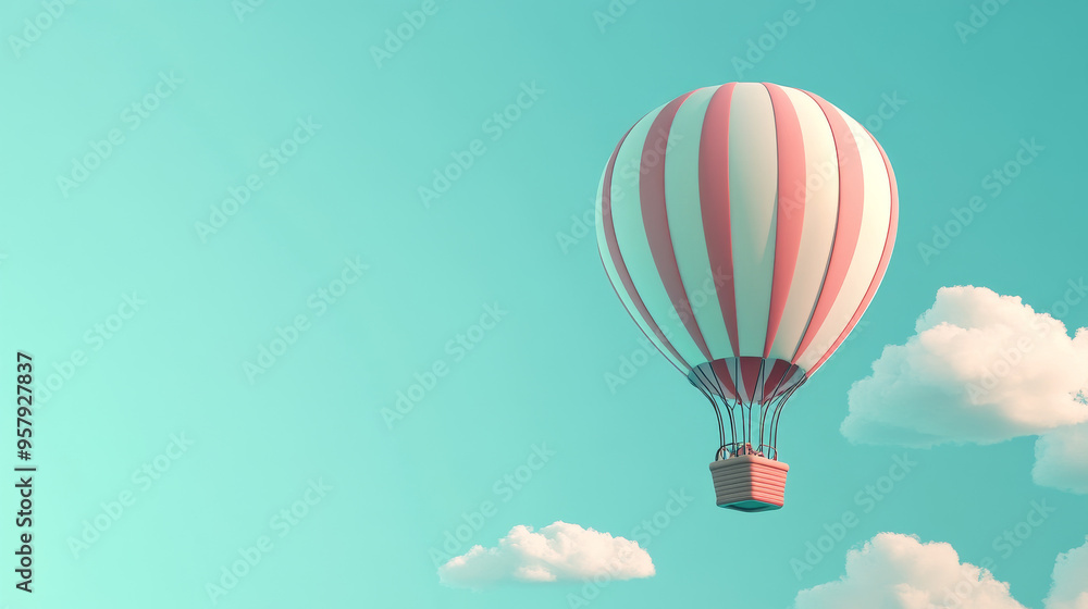Obraz premium This 3D rendering depicts a hot air balloon icon against a clean background, ideal for mock-ups and web banners. The icon features a cartoonish and minimalistic design, in line with the metaverse conc