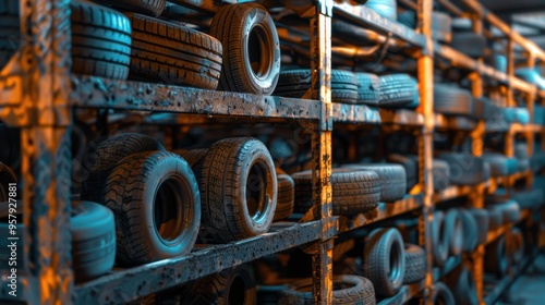 Car Tires: Tires for vehicle replacement, found in new or used conditions, typically stored on rims and arranged in stacks or on a tire rack for simplicity.
 photo