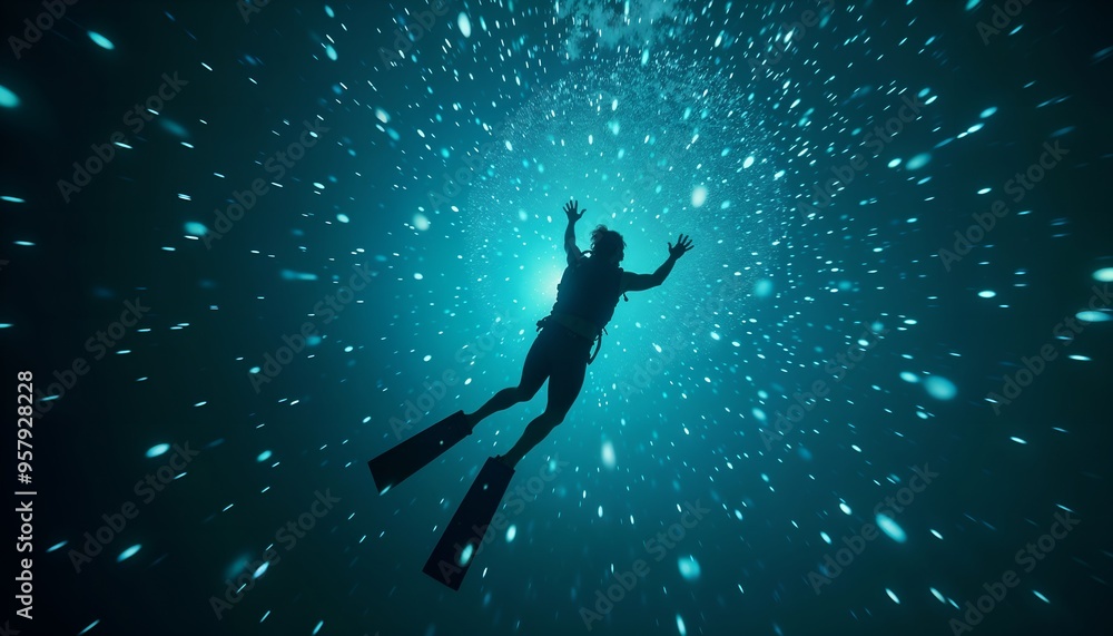 Naklejka premium Silhouette of a Scuba Diver Under a Mesmerizing Starry Night Sky with Glowing Stars