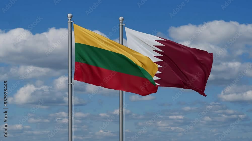 Qatar and Lithuania flags flying together, video concept of the relationship, two country cooperation concept Qatar and Lithuania flags flying together, video concept of the relationship, two country cooperation concept