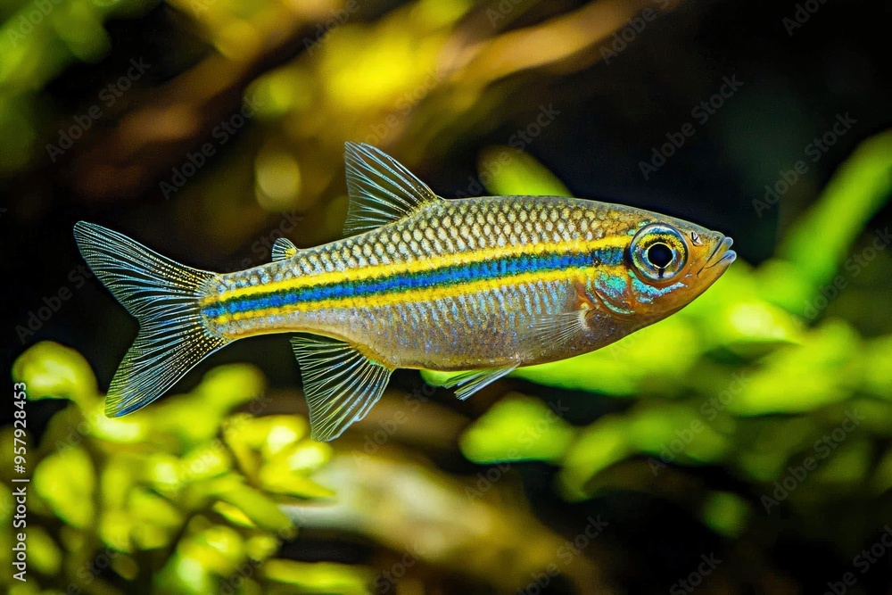 A Single Striped Rainbow Fish Swimming in an Aquarium A Single Striped Rainbow Fish Swimming in an Aquarium