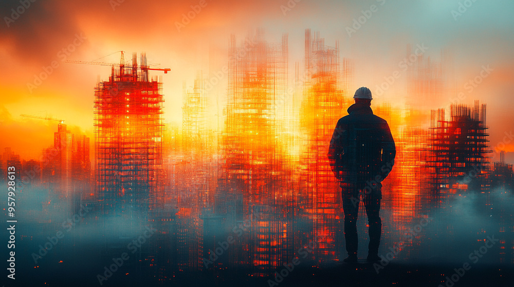 A silhouette of a person standing against a vibrant, glowing skyline, showcasing urban construction amid a dramatic sunset. A silhouette of a person standing against a vibrant, glowing skyline, showcasing urban construction amid a dramatic sunset.