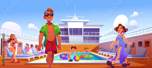 People on cruise ship deck with wooden floor and swimming pool, lounge chairs and cabin doors. Cartoon vector man and women, children on private yacht party. Summer vacation and travel on boat.