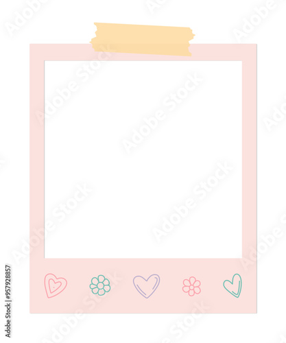 cute blank polaroid photo frame with heart and flower designs and washi tape on transparent background
