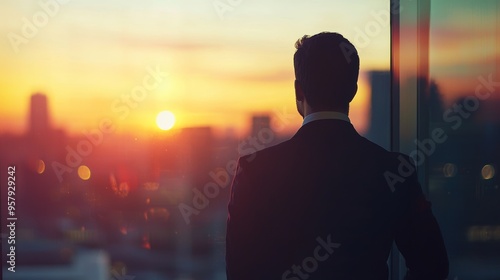 Back view of a businessman standing by a window at sunset