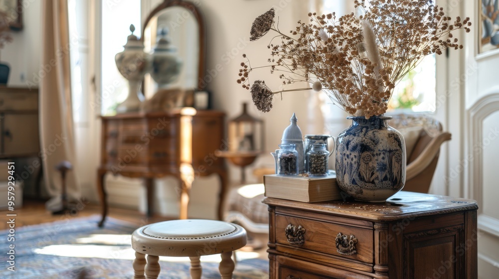 Fototapeta premium Vintage Glamour: Modern Living Room with Wooden Commode and Antique Decor