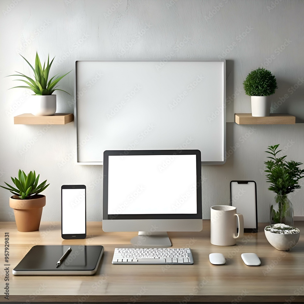 A sleek desktop workspace mockup featuring a computer monitor. tablet. smartphone. keyboard. and accessories. A sleek desktop workspace mockup featuring a computer monitor. tablet. smartphone. keyboard. and accessories.
