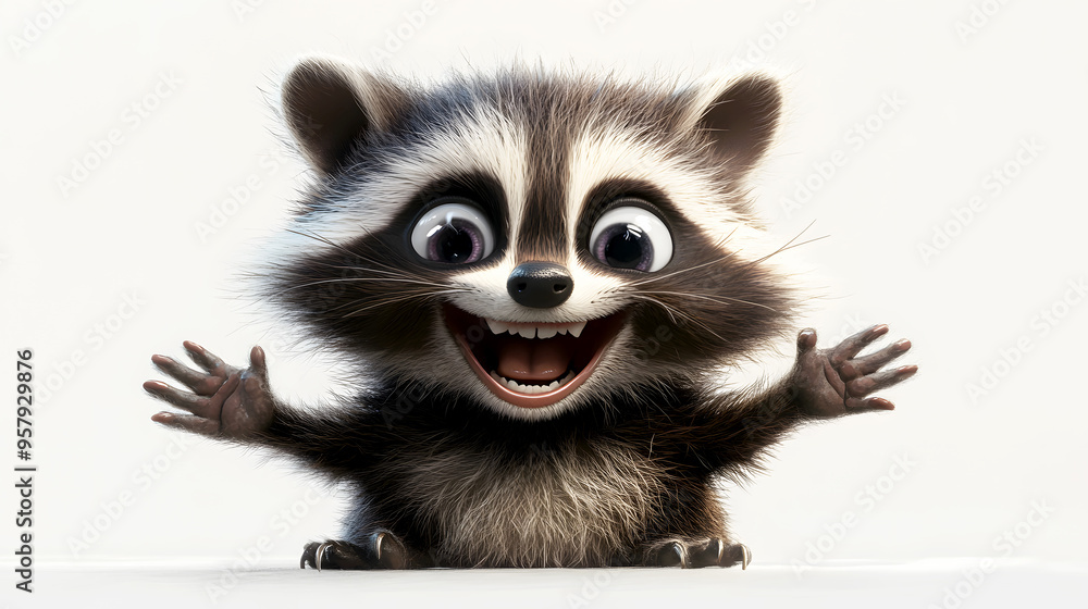 Fototapeta premium raccoon character in a playful pose, with a big grin and wide, expressive eyes