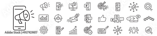 Digital marketing, Social Media Marketing SMM icon set. line vector illustration.