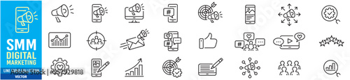 Digital marketing, Social Media Marketing SMM icon set. line vector illustration.