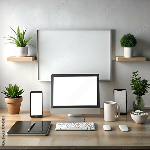 Wallpaper Mural A sleek desktop workspace mockup featuring a computer monitor. tablet. smartphone. keyboard. and accessories. Torontodigital.ca