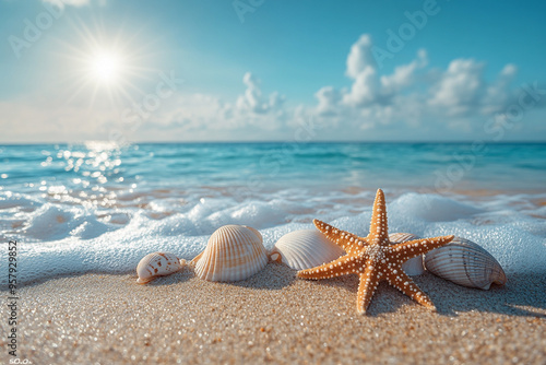 Beautiful beach scene with seashells and a starfish on soft sand, bathed in sunlight and gentle ocean waves. photo