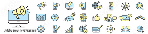 Digital marketing, Social Media Marketing SMM icon set. line vector illustration.