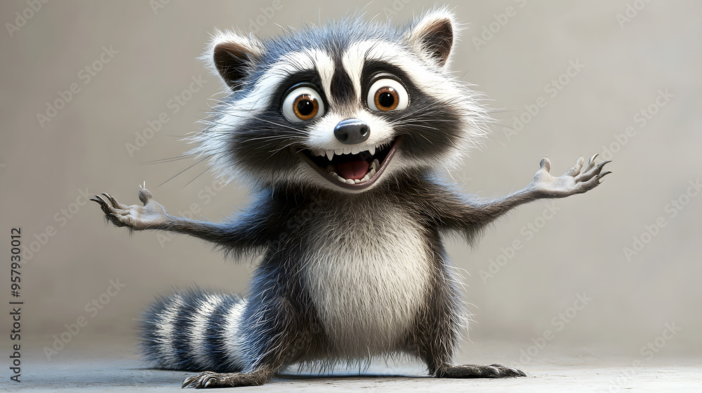 raccoon character in a playful pose, with a big grin and wide, expressive eyes raccoon character in a playful pose, with a big grin and wide, expressive eyes