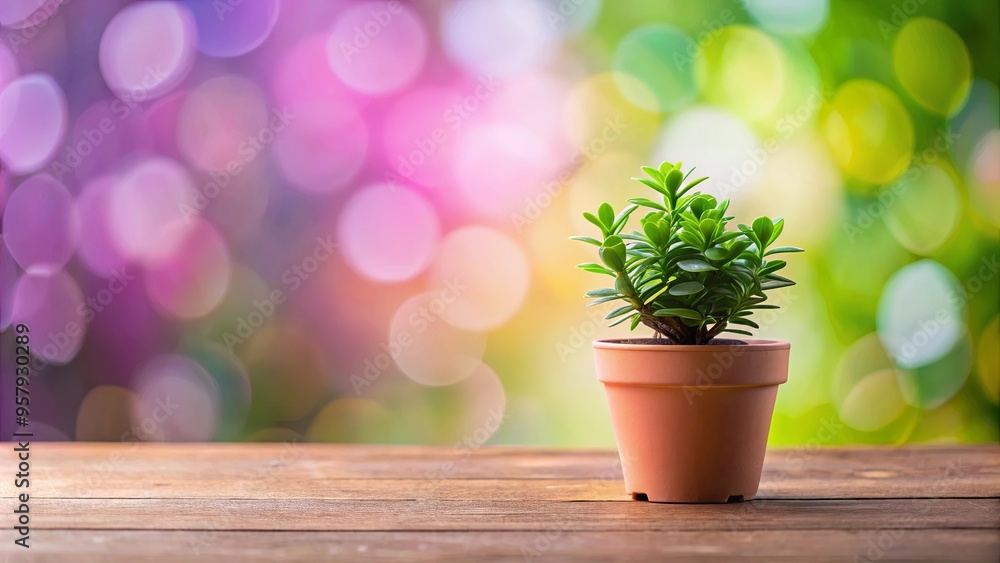 Close-up of small potted plant on table with pink and green blurred background Close-up of small potted plant on table with pink and green blurred background