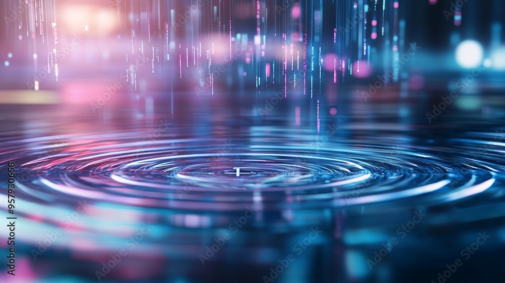 Water meter and smart home interface, futuristic display with holographic projections of water data, vibrant neon blue and purple tones, 3D render. Water meter and smart home interface, futuristic display with holographic projections of water data, vibrant neon blue and purple tones, 3D render.