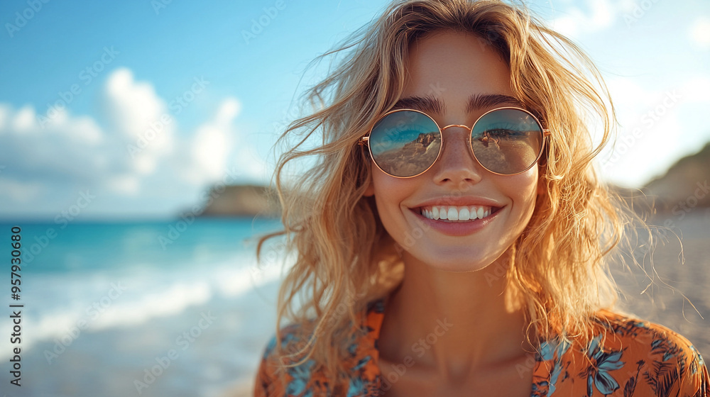 Joyful woman with sunglasses smiles at the beach, enjoying the sun and sea. A perfect moment of happiness and relaxation. Joyful woman with sunglasses smiles at the beach, enjoying the sun and sea. A perfect moment of happiness and relaxation.