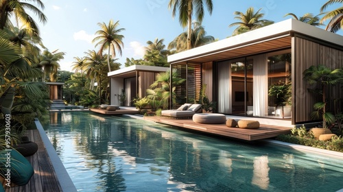 Wallpaper Mural A series of small villas with a modern design by a large lagoon style pool with palm trees all around, connecting pathways in steel and wood. Generative AI. Torontodigital.ca