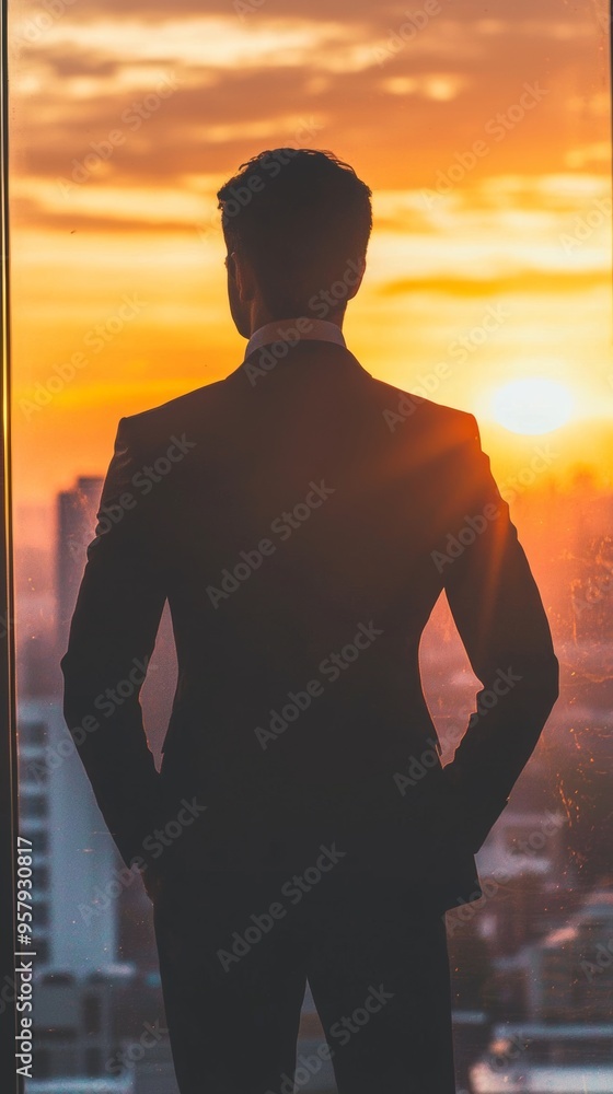 Back view of a businessman standing by a window at sunset Back view of a businessman standing by a window at sunset