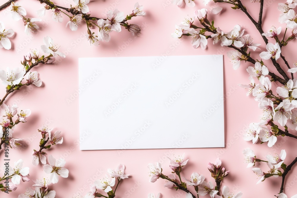 A blank white sheet of paper lies on a soft pink background, bordered by delicate cherry blossom