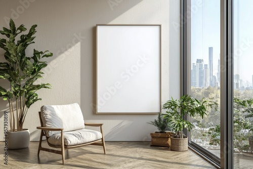 Poster Frame in Beige minimalist living room interior created with generative AI