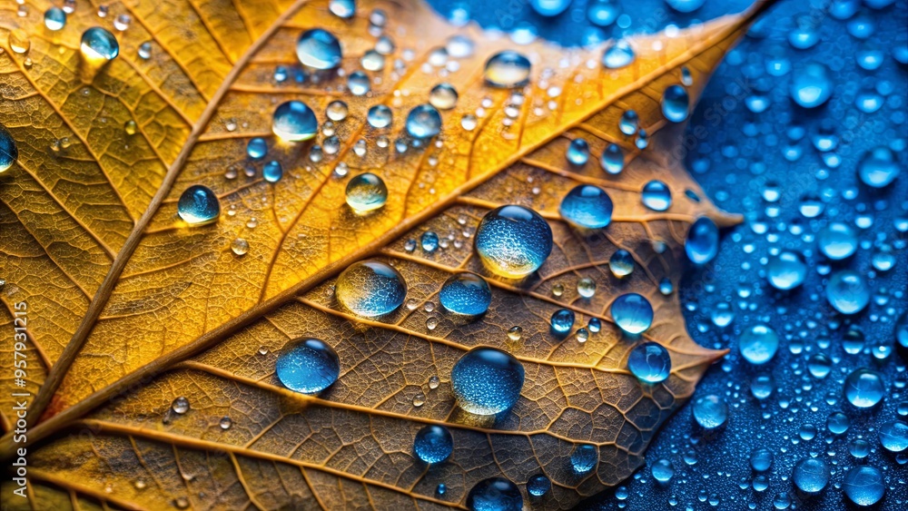 Fototapeta premium Close-up shot of a wet yellow-blue leaf with water droplets