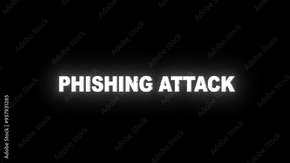 PHISHING ATTACK glitch notification. Looped cybercrime concept hacking animation. HACKER ATTACK text with glitch effect. Security breach, alert screen, hacking attack.