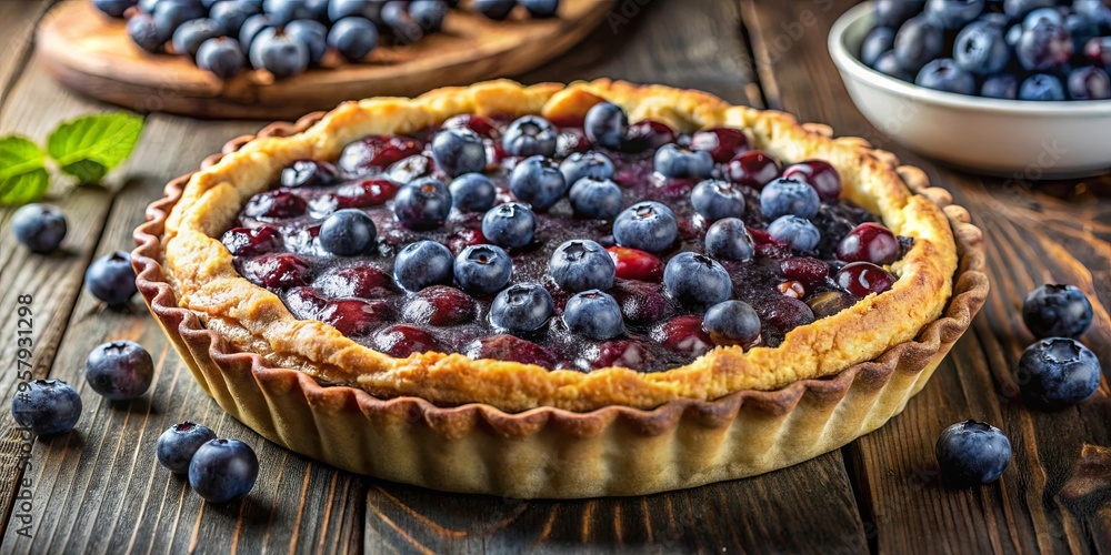 Freshly baked blueberry pie with a golden flaky crust, bursting with juicy blueberries perfect for a homely and comforting dessert Freshly baked blueberry pie with a golden flaky crust, bursting with juicy blueberries perfect for a homely and comforting dessert