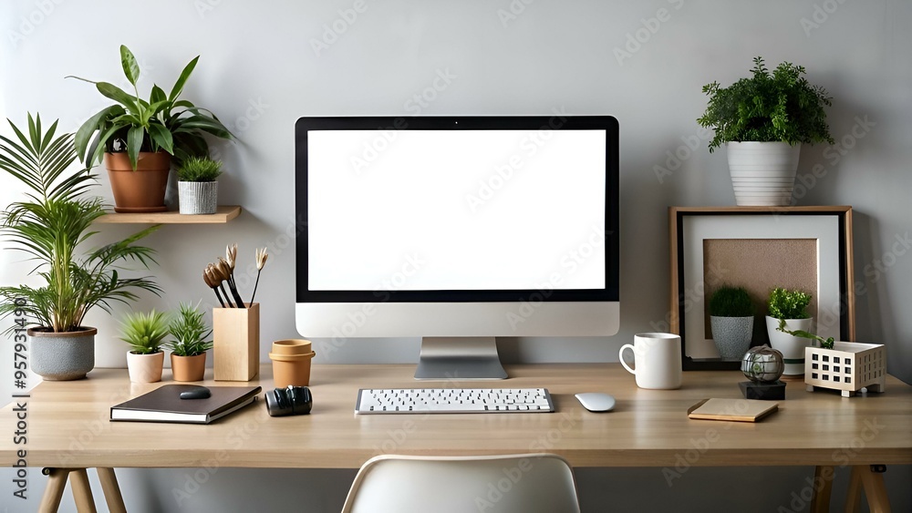 A minimalist workspace with a modern computer. keyboard and mouse. surrounded by potted plants. A minimalist workspace with a modern computer. keyboard and mouse. surrounded by potted plants.