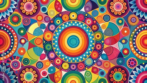 Abstract geometric composition with vibrant colors and circular motifs