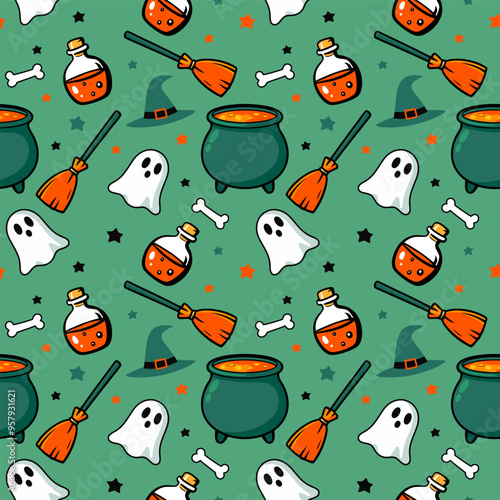 Halloween Seamless Pattern with Cartoon Cauldrons, Witches Hats, Ghosts, Broomsticks and Bones