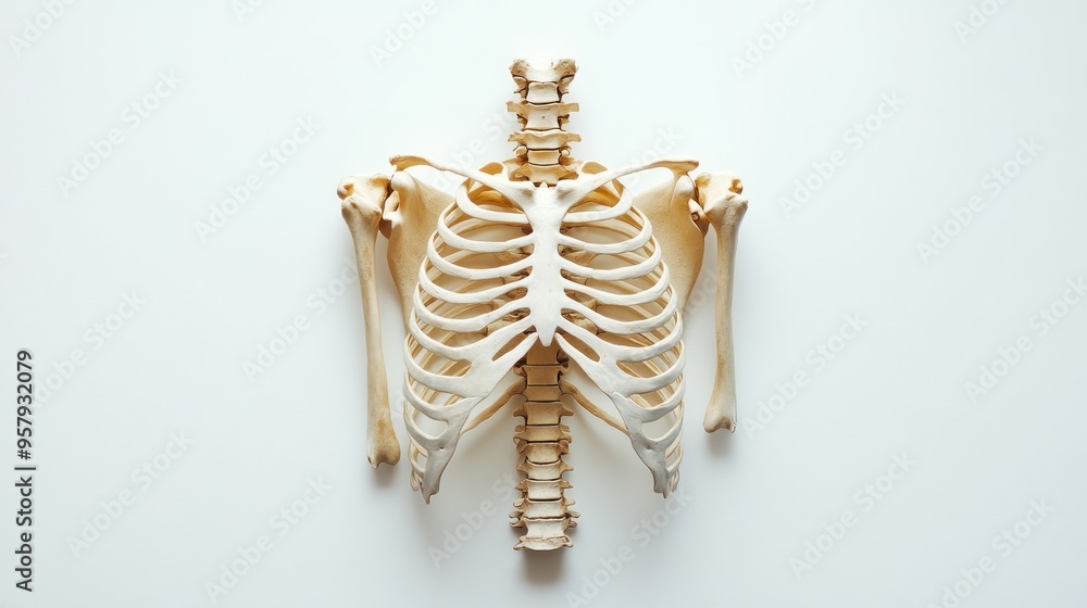 Fototapeta premium A human skeleton model, showing the ribcage and upper spine, on a white background.