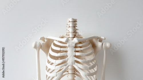 A close-up shot of a human skeleton's ribcage and spine against a white background.