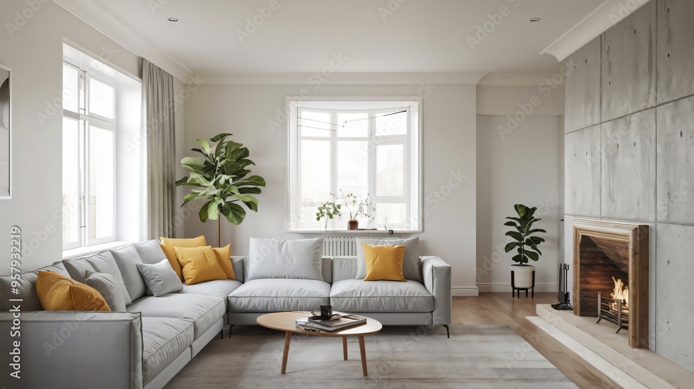 Fototapeta premium Modern Living Room Interior Design with Fireplace and Large Windows