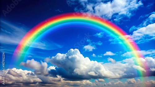 Vibrant rainbow with fluffy clouds on a bright blue sky background