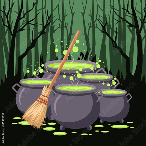 Halloween Witch cauldron with colorful potion, bubbling witches brew