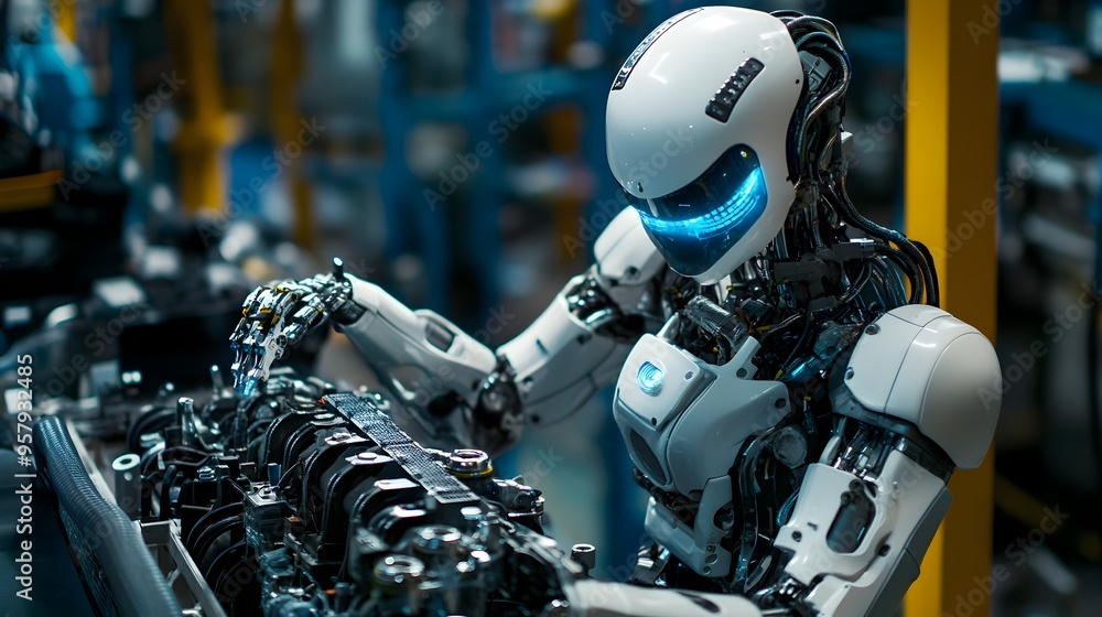 Fototapeta premium Futuristic Robotic Arm Manipulating Industrial Machinery in Factory