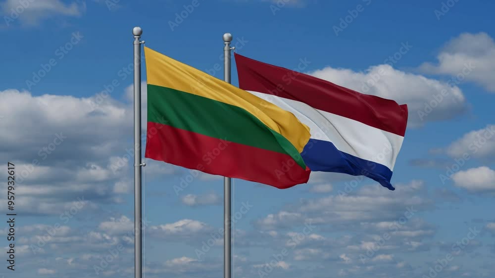 Netherlands and Lithuania flags flying together, video concept of the relationship, two country relations concept Netherlands and Lithuania flags flying together, video concept of the relationship, two country relations concept
