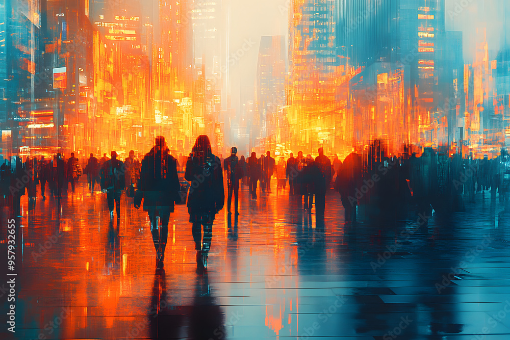 Obraz premium Digital Art of Luminous Crowd in Futuristic Cityscape with Double Exposure and Vibrant Orange-Blue Tones