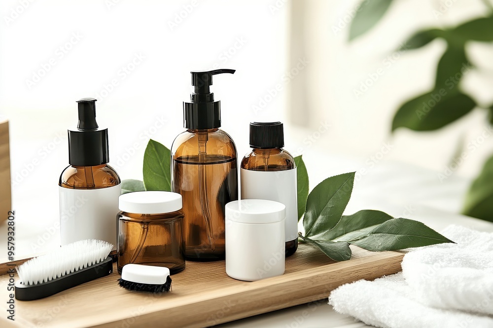 A clean and organized layout of various skincare products displayed on a wooden tray A clean and organized layout of various skincare products displayed on a wooden tray