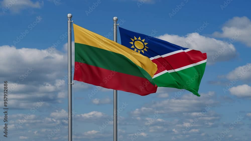 Lithuania and Namibia flags flying together, video concept of the relationship, two country relations concept Lithuania and Namibia flags flying together, video concept of the relationship, two country relations concept