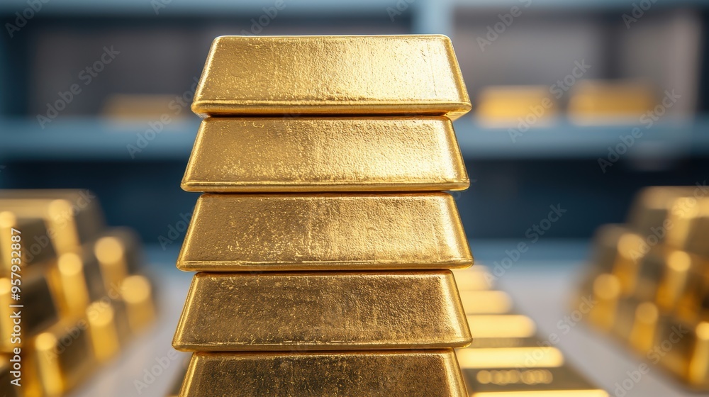 Pile of Gold Bars Under Inspection in a Secure Vault with Copy Space, Selective Focus, Quality Pile of Gold Bars Under Inspection in a Secure Vault with Copy Space, Selective Focus, Quality