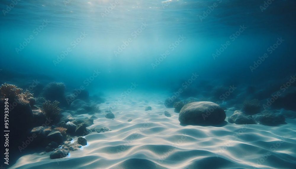 Obraz premium Underwater Scene With Rippled Sand Coral and Rocks